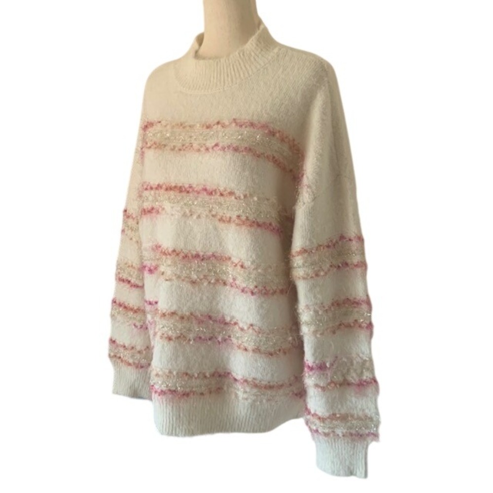 Maurices XL Fuzzy Mixed Knit Sweater Striped Pink White Tinsel Shimmer EUC